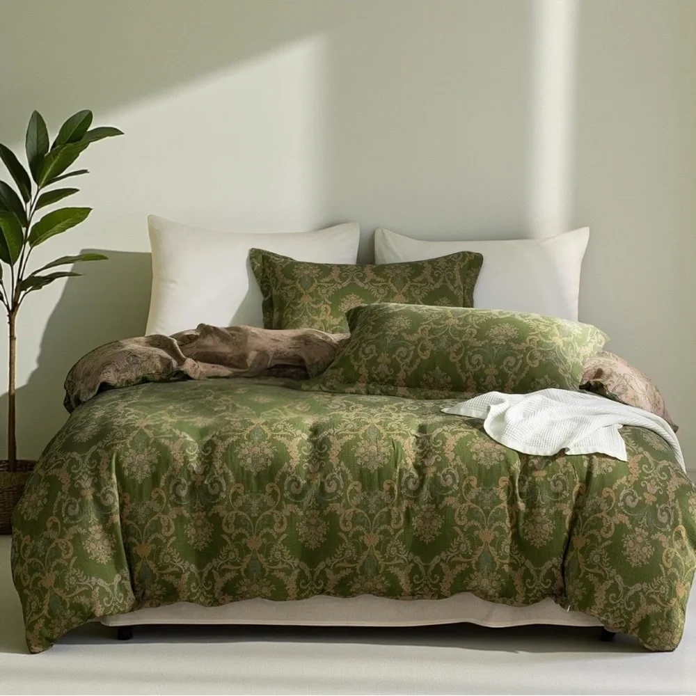 NEW Anthropologie Green Linen Reversible Queen / King Bedding Duvet & Sham Set